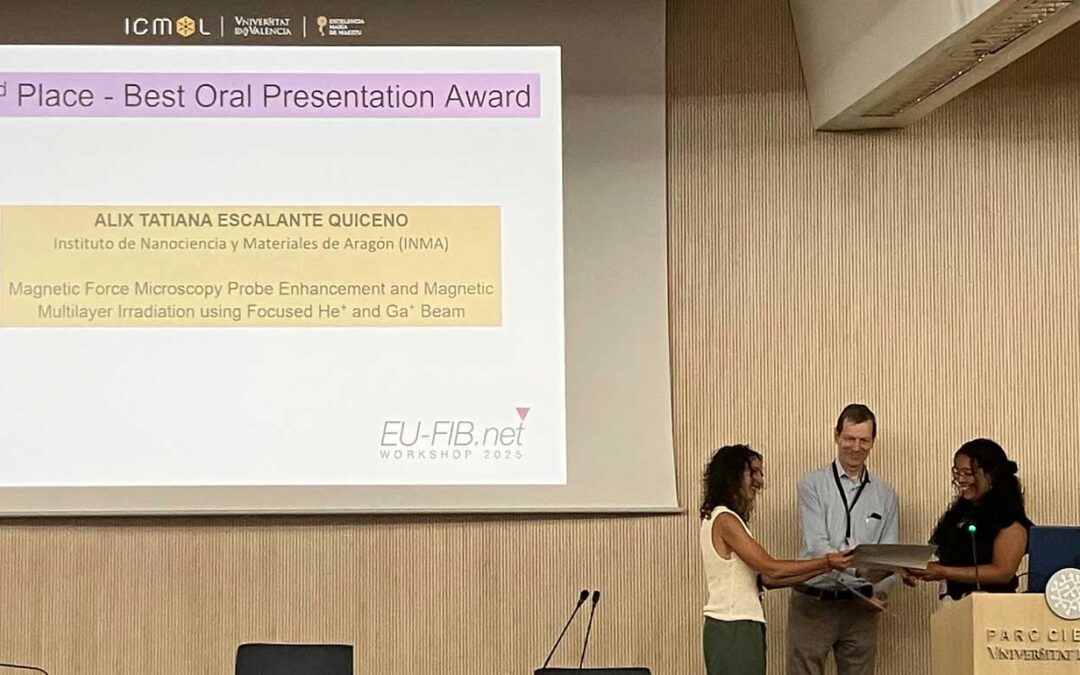 Alix Tatiana Escalante Quiceno, whose PhD thesis is being supervised by Prof. Jose María de Teresa and Dr. César Magén, got an award for the second best oral presentation in the EU.FIB workshop, held in Valencia